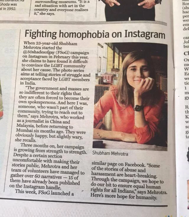 Mid-Day, 2016: Fighting homophobia on Instagram, on Shubham starting FSOG