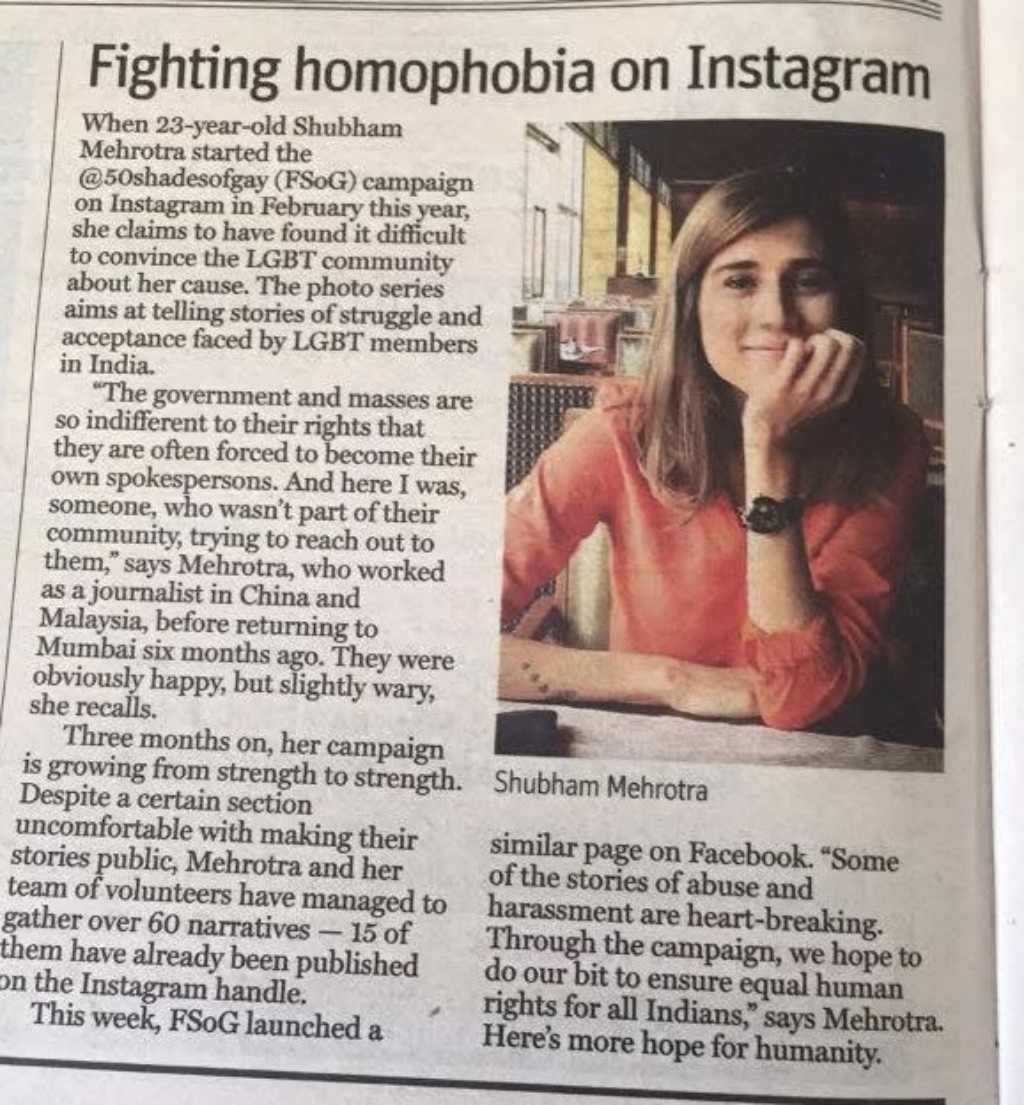 Newspaper feature headlined Fighting homophobia on Instagram, with a photograph of Shubham Mehrotra